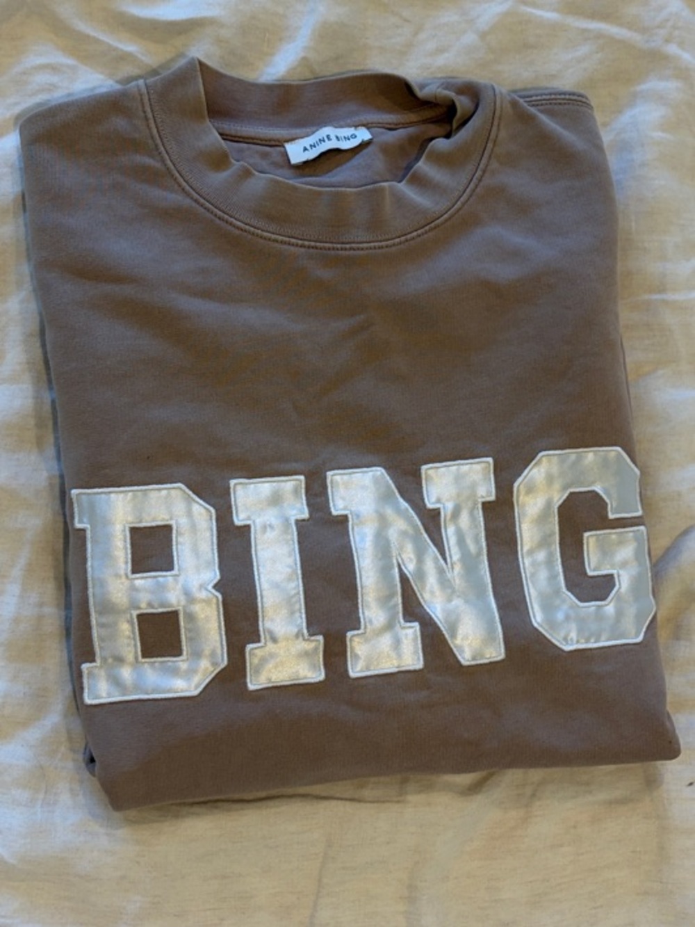 Anine Bing Taupe Crewneck Sweatshirt with Iridescent Logo